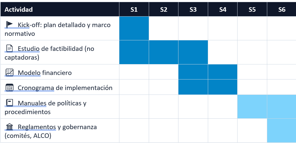 Cronograma referencial de 6 semanas para la licencia de organización